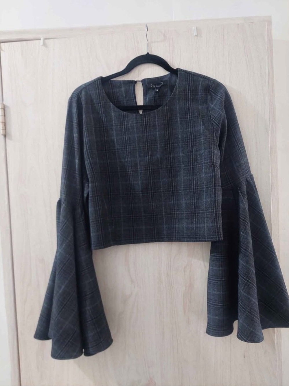 Gray Plaid Bell-Sleeve Crop Top - Women's Blouse